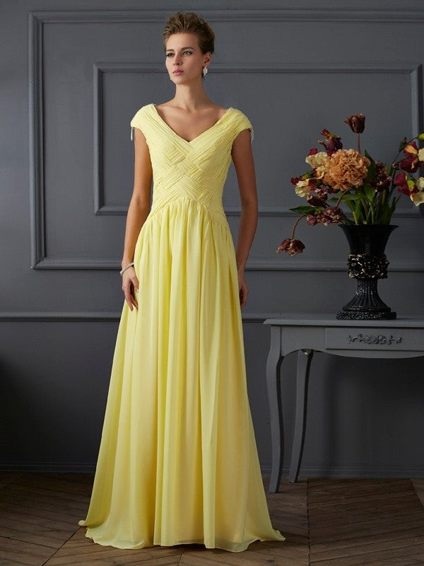 A-Line/Princess V-neck Short Sleeves Pleats Long Chiffon Dresses DEP0003123