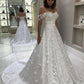 A-Line/Princess Satin Off-the-Shoulder Applique Sleeveless Sweep/Brush Train Wedding Dresses DEP0006195
