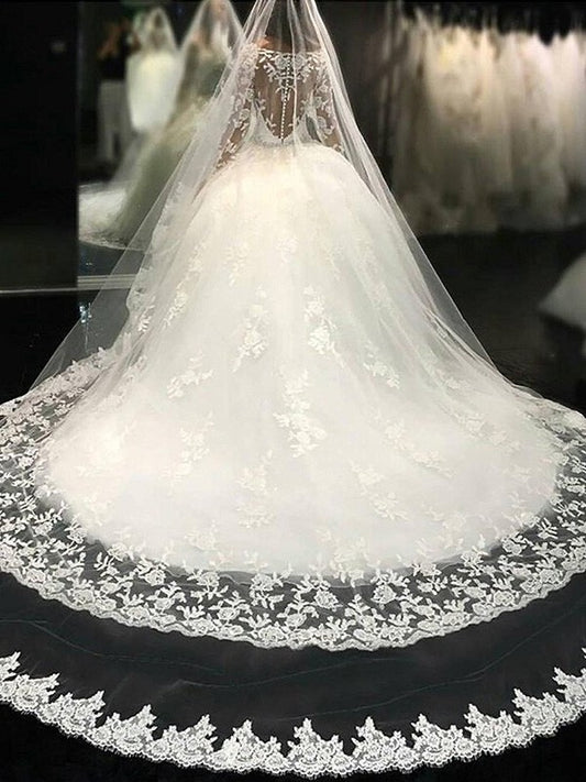 Ball Gown Scoop Long Sleeves Lace Cathedral Train Applique Tulle Wedding Dresses DEP0006293