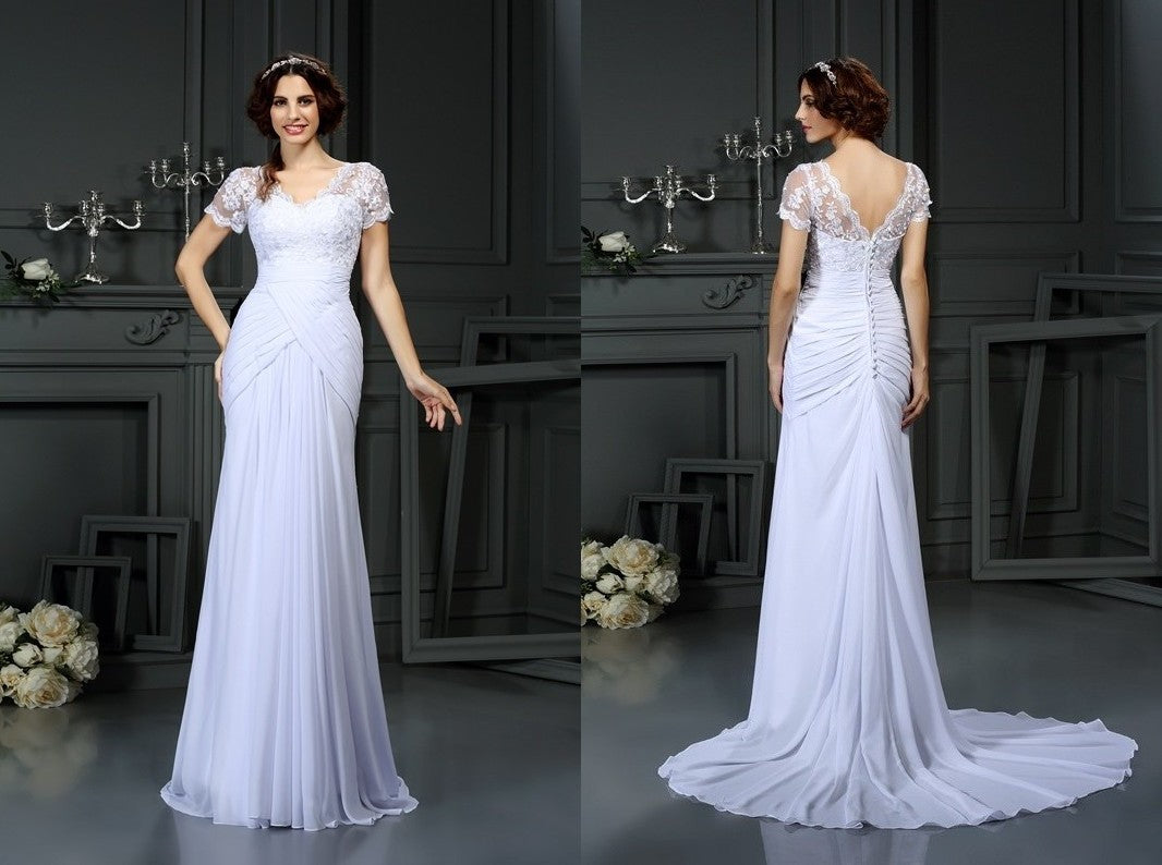 Sheath/Column V-neck Lace Short Sleeves Long Chiffon Wedding Dresses DEP0006494