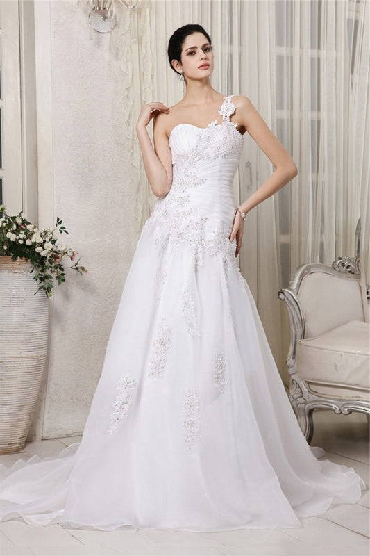 A-Line/Princess One-Shoulder Sleeveless Beading Applique Long Organza Wedding Dresses DEP0006938