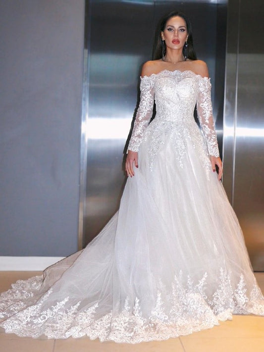 A-Line/Princess Lace Applique Off-the-Shoulder Long Sleeves Sweep/Brush Train Wedding Dresses DEP0006083