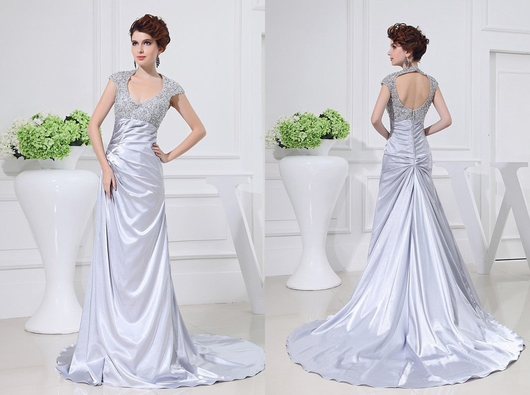 A-Line/Princess Scoop Long Beading Lace Elastic Woven Satin Dresses DEP0004340