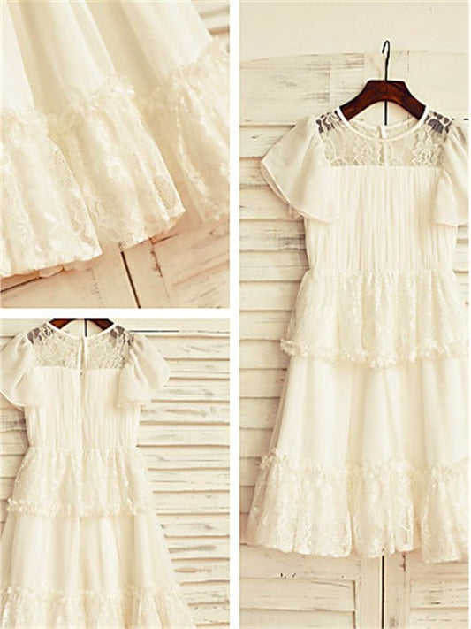 A-line/Princess Scoop Short Sleeves Lace Tea-Length Chiffon Flower Girl Dresses DEP0007820