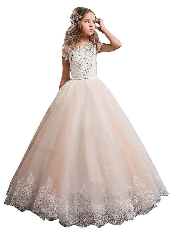 Ball Gown V-neck Short Sleeves Lace Floor-Length Tulle Flower Girl Dresses DEP0007596
