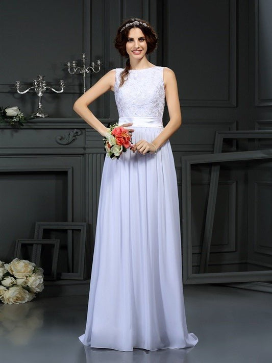 A-Line/Princess Scoop Lace Sleeveless Long Chiffon Wedding Dresses DEP0006840