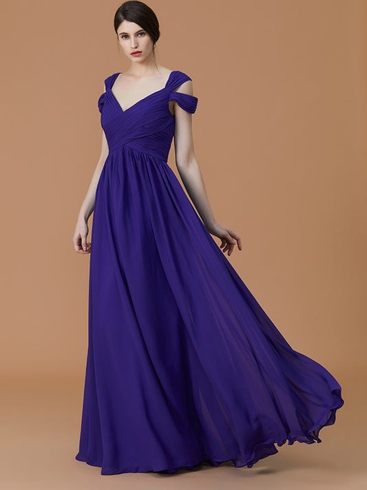 A-Line/Princess Off-the-Shoulder Sleeveless Floor-Length Ruched Chiffon Bridesmaid Dresses DEP0005358