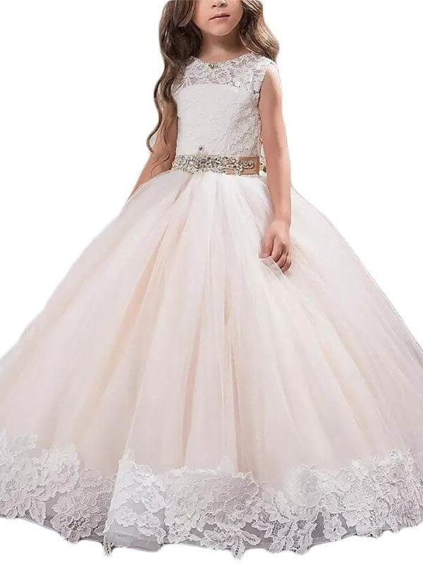 Ball Gown Scoop Sleeveless Lace Floor-Length Tulle Flower Girl Dresses DEP0007575