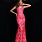 Sheath/Column V-neck Lace Sleeveless Long Elastic Woven Satin Dresses DEP0003045
