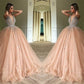 Ball Gown V-neck Sleeveless Floor-Length Beading Tulle Dresses DEP0001470