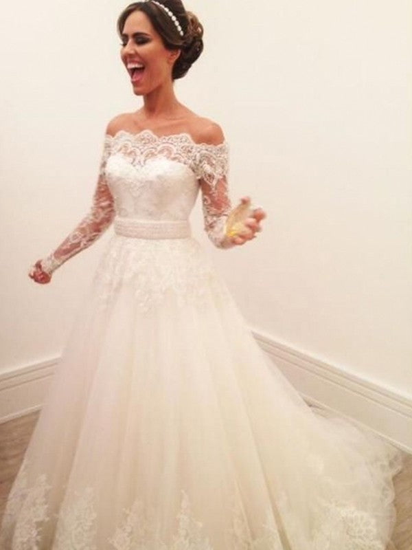 A-Line/Princess Off-the-Shoulder Long Sleeves Sweep/Brush Train Lace Tulle Wedding Dresses DEP0006688