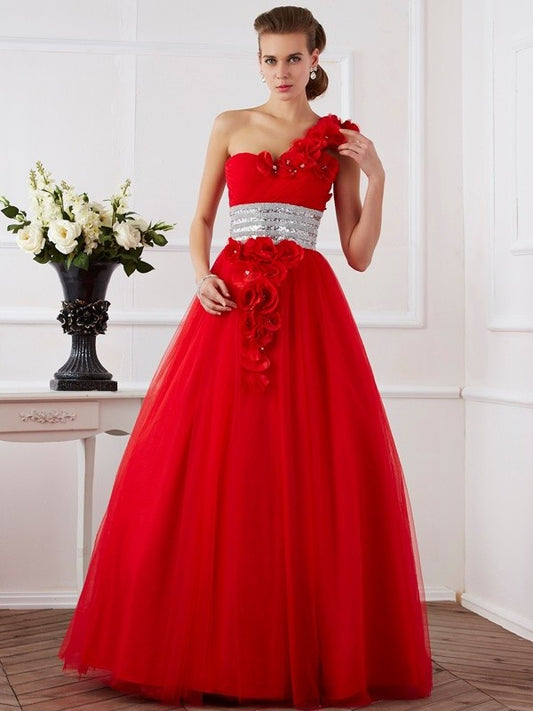 Ball Gown One-Shoulder Sleeveless Hand-Made Flower Long Net Quinceanera Dresses DEP0009123