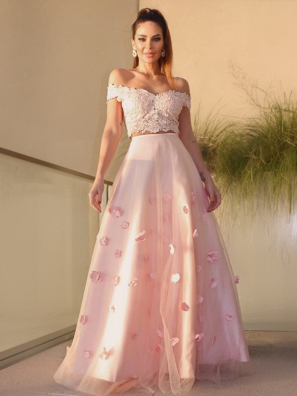 A-Line/Princess Tulle Hand-Made Flower Off-the-Shoulder Sleeveless Floor-Length Two Piece Dresses DEP0004574