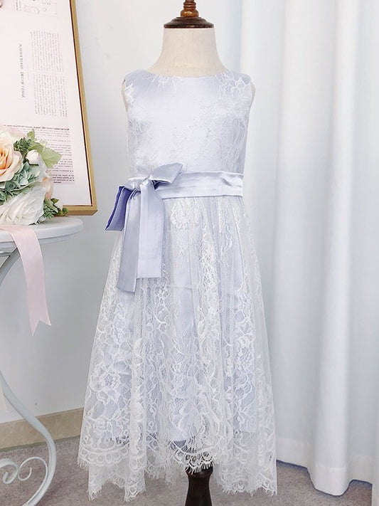 A-Line/Princess Lace Bowknot Scoop Sleeveless Tea-Length Flower Girl Dresses DEP0007934