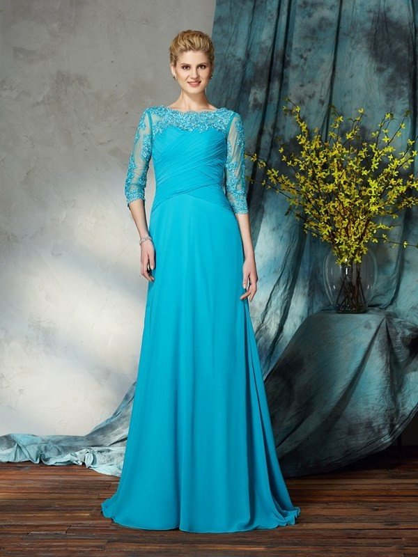 A-Line/Princess Bateau Applique 3/4 Sleeves Long Chiffon Mother of the Bride Dresses DEP0007256