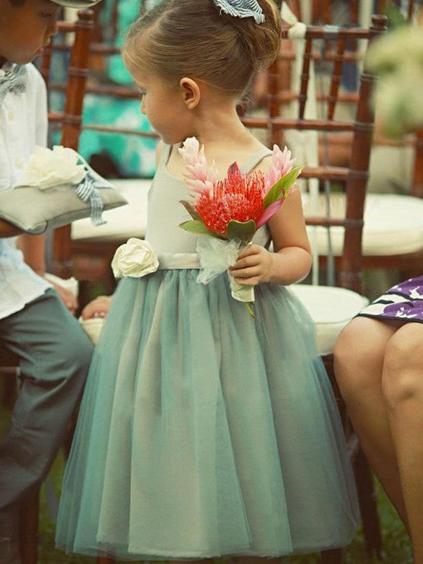A-Line/Princess Sleeveless Square Tea-Length Hand-Made Flower Tulle Flower Girl Dresses DEP0007599