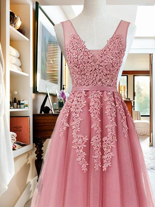 A-Line V-neck Cut Short With Applique Tulle Pink Homecoming Dresses DEP0008560