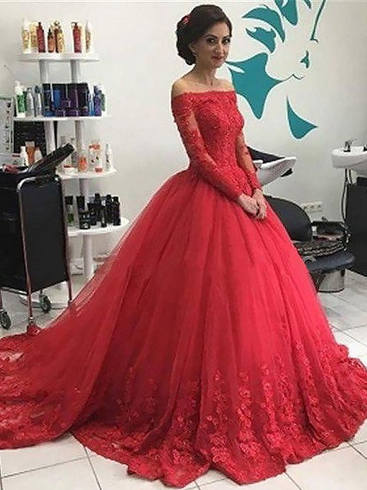 Ball Gown Off-the-Shoulder Long Sleeves Lace Tulle Court Train Dresses DEP0001514