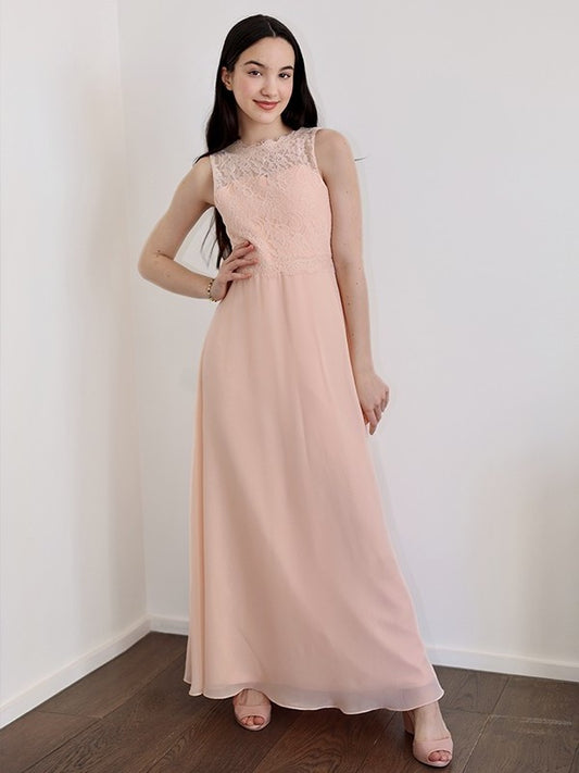 A-Line/Princess Chiffon Lace High Neck Sleeveless Floor-Length Junior/Girls Bridesmaid Dresses DEP0005883