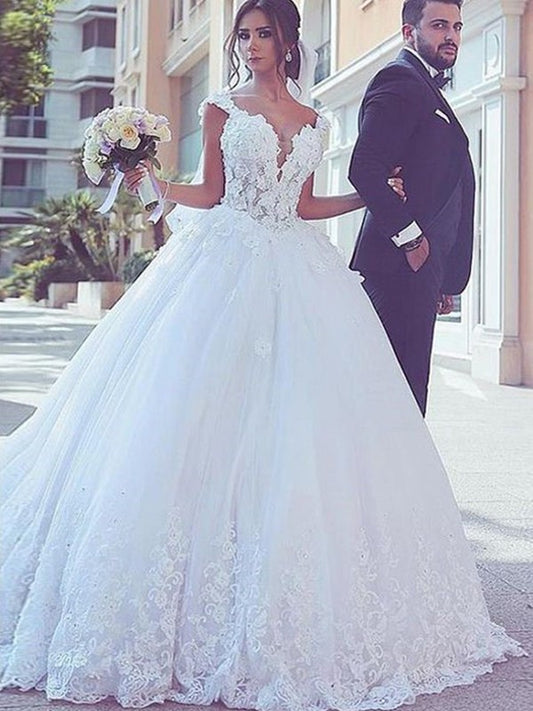 Ball Gown Sweetheart Sleeveless Sweep/Brush Train Lace Tulle Wedding Dresses DEP0006154