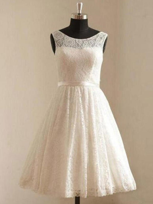 A-Line/Princess Scoop Lace Sleeveless Sash/Ribbon/Belt Knee-Length Wedding Dresses DEP0006889