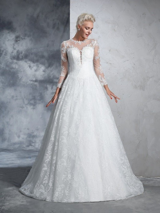 Ball Gown Jewel Lace Long Sleeves Long Lace Wedding Dresses DEP0006648