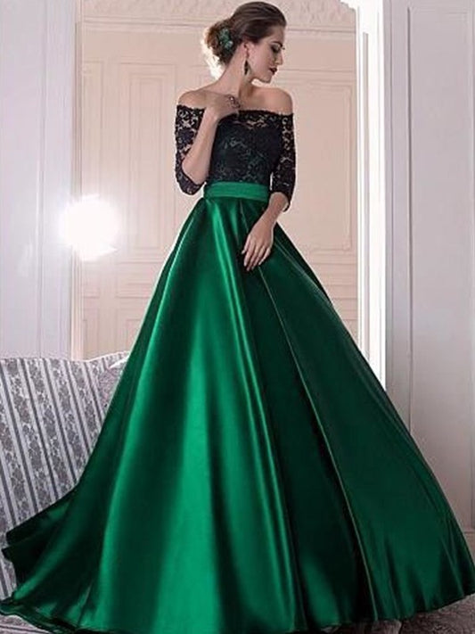 A-Line/Princess Off-the-Shoulder 3/4 Sleeves Lace Ruched Sweep/Brush Train Satin Dresses DEP0002482
