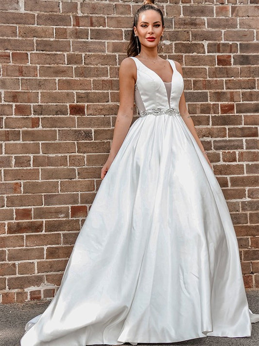 A-Line/Princess Satin V-neck Beading Sleeveless Court Train Wedding Dresses DEP0006109