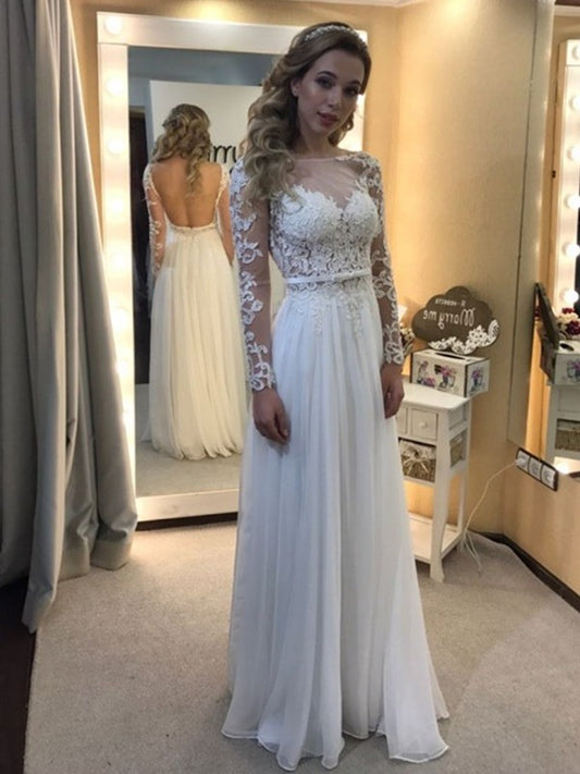 A-Line/Princess Bateau Floor-Length Long Sleeves Lace Chiffon Wedding Dresses DEP0006188