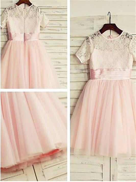 A-line/Princess Jewel Short Sleeves Lace Tea-Length Tulle Flower Girl Dresses DEP0007793