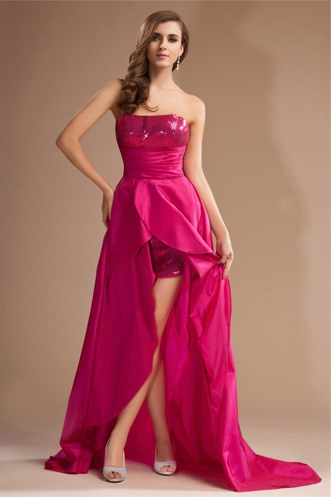 A-Line/Princess Strapless Sequin Lace Sleeveless High Low Taffeta Dresses DEP0004418