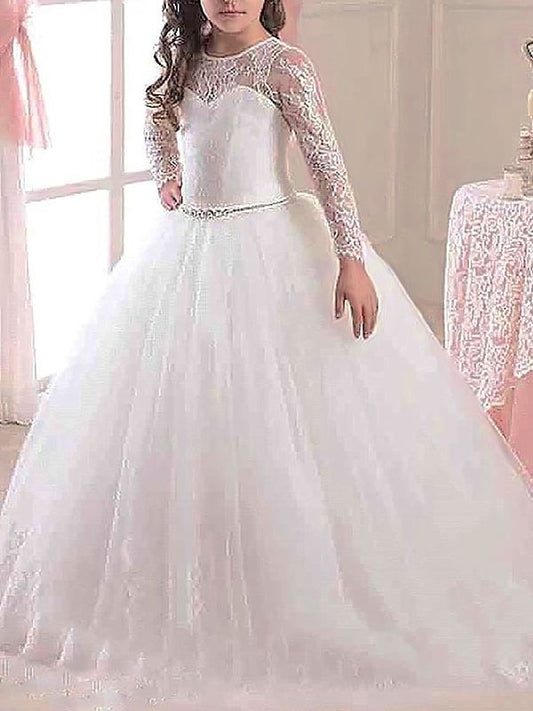 Ball Gown Scoop Long Sleeves Floor-Length Lace Tulle Flower Girl Dresses DEP0007642
