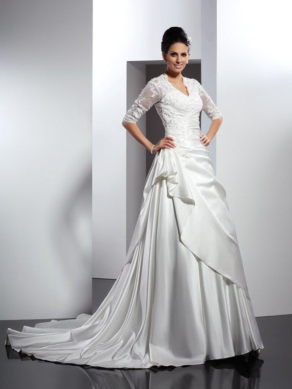 A-Line/Princess V-neck Applique 1/2 Sleeves Long Satin Wedding Dresses DEP0006567