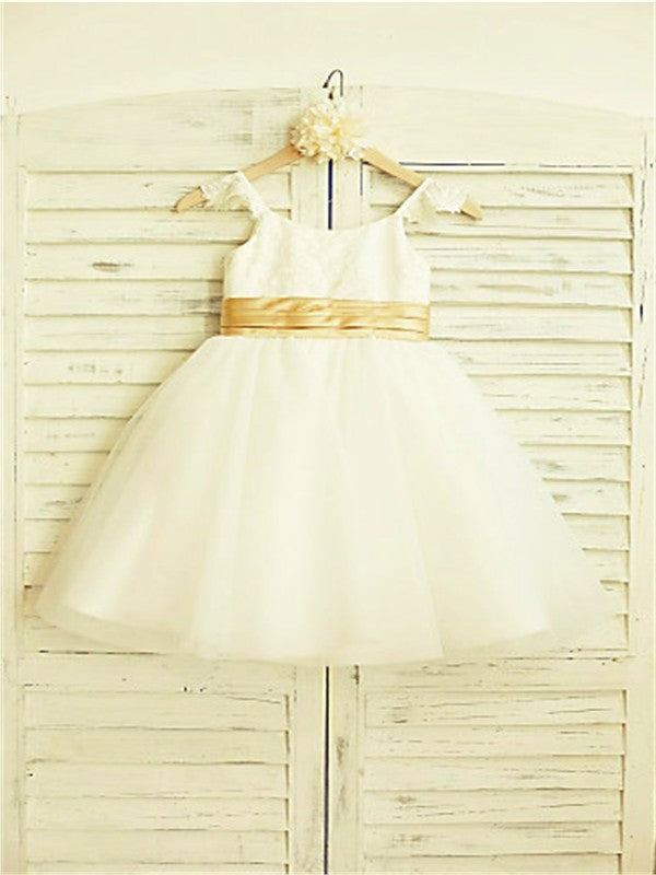 A-line/Princess Spaghetti Straps Sleeveless Lace Tea-Length Tulle Flower Girl Dresses DEP0007846