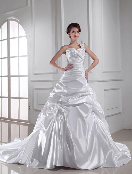 A-Line/Princess One-shoulder Sweetheart Sleeveless Long Pleats Elastic Woven Satin Wedding Dresses DEP0006892