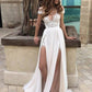 A-Line/Princess V-neck Sweep/Brush Train Sleeveless Lace Chiffon Wedding Dresses DEP0005963