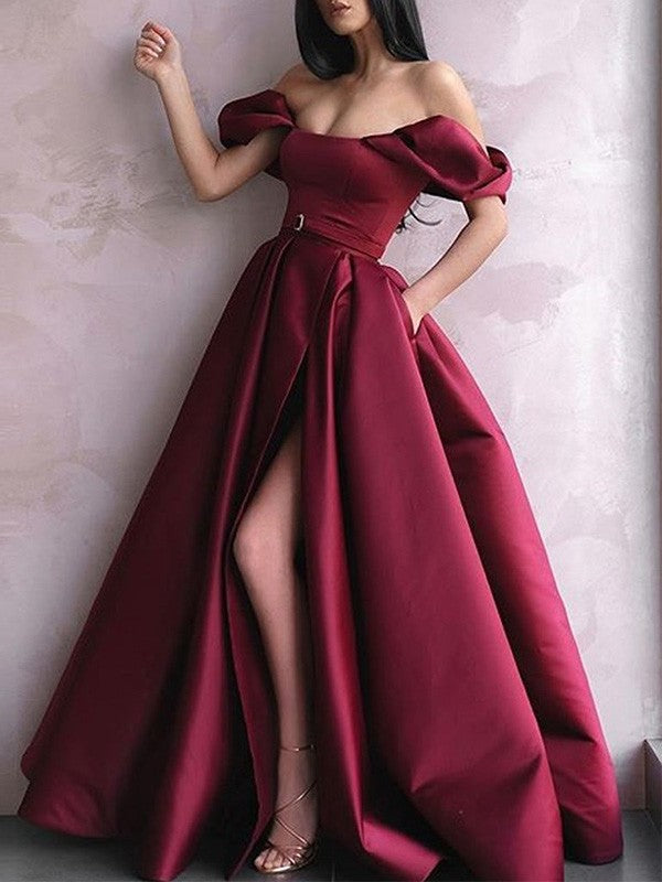 A-Line/Princess Sash/Ribbon/Belt Off-the-Shoulder Satin Floor-Length Sleeveless Dresses DEP0002902