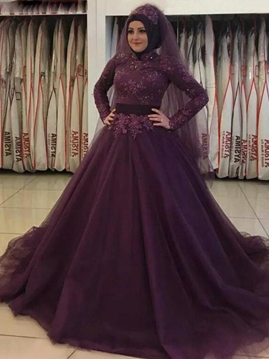 Ball Gown Long Sleeves High Neck Sweep/Brush Train Applique Tulle Muslim Dresses DEP0003429