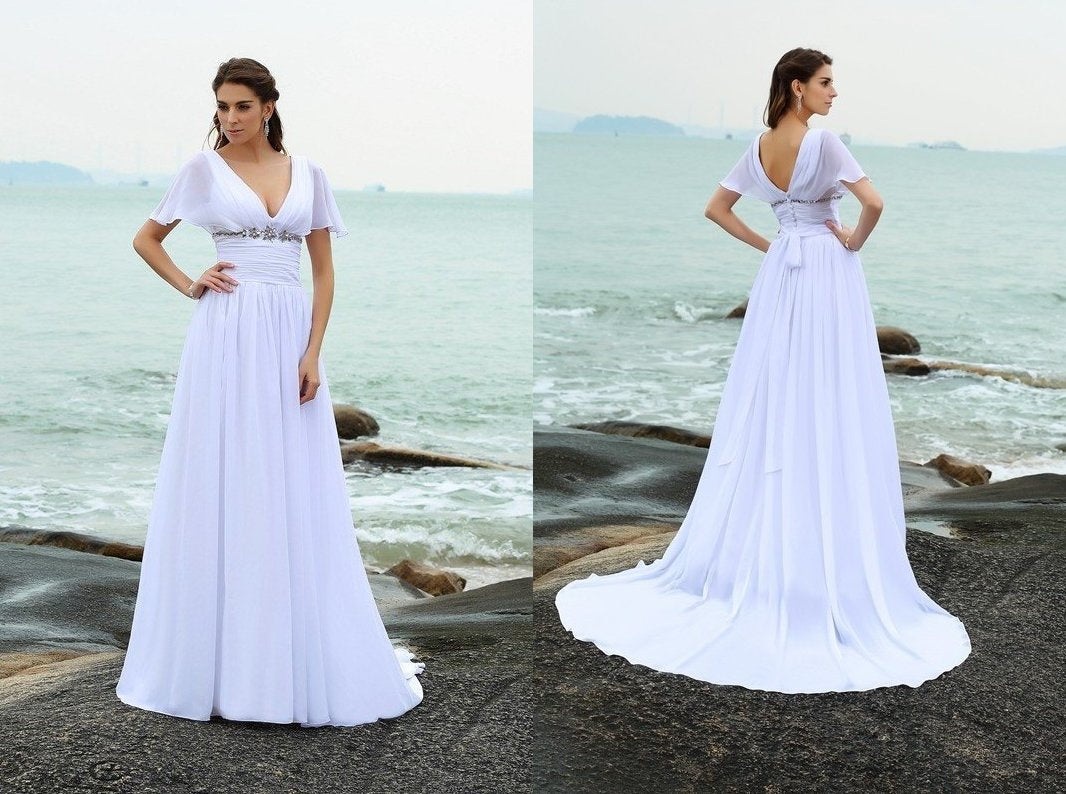 A-Line/Princess V-neck Ruffles Short Sleeves Long Chiffon Beach Wedding Dresses DEP0006230