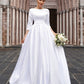 A-Line/Princess Satin Bowknot Bateau 3/4 Sleeves Sweep/Brush Train Wedding Dresses DEP0006140