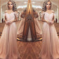 A-Line/Princess Tulle Ruched Off-the-Shoulder Sleeveless Sweep/Brush Train Dresses DEP0002893