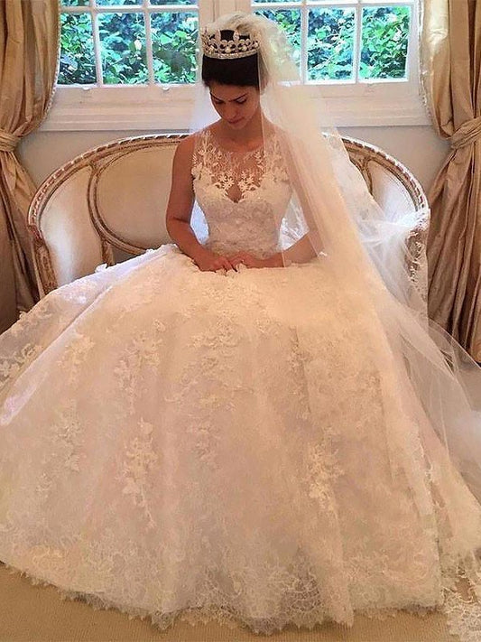 A-Line/Princess Lace Court Train Scoop Applique Sleeveless Wedding Dresses DEP0006165