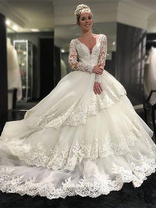 Ball Gown V-neck Lace Tulle Long Sleeves Court Train Wedding Dresses DEP0006369