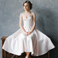 A-Line/Princess Straps Satin Ruffles Sleeveless Tea-Length Wedding Dresses DEP0006974