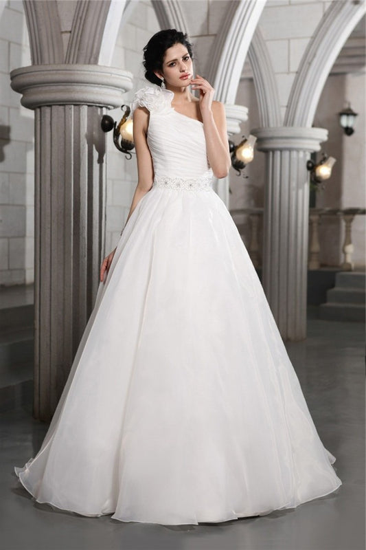 A-Line/Princess One-Shoulder Sleeveless Beading Long Organza Wedding Dresses DEP0006934