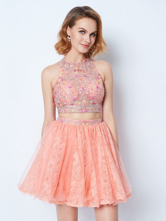 A-Line/Princess Jewel Sleeveless Lace Beading Short/Mini Two Piece Dresses DEP0008815