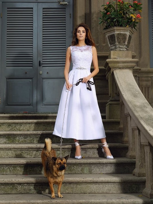 A-Line/Princess Bateau Applique Sleeveless Long Satin Wedding Dresses DEP0006714