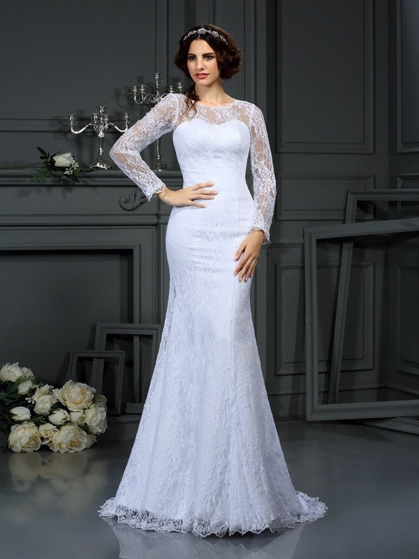Sheath/Column Scoop Lace Long Sleeves Long Satin Wedding Dresses DEP0006422