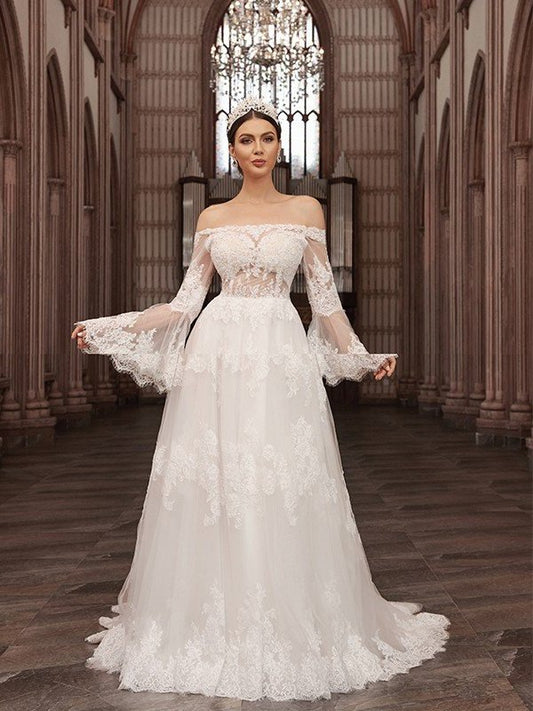 A-Line/Princess Off-the-Shoulder Tulle Long Sleeves Applique Sweep/Brush Train Wedding Dresses DEP0005981