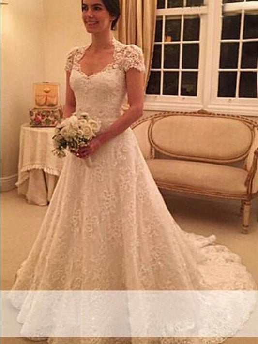 A-Line/Princess Sweetheart Court Train Short Sleeves Lace Wedding Dresses DEP0006164